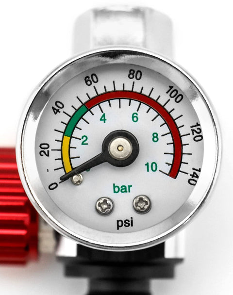 Close-up of gauge on Pro Grade Air Pressure Regulator Kit With Gauge For Spray Guns And Air Tools Quarter Inch G Thread Inlet