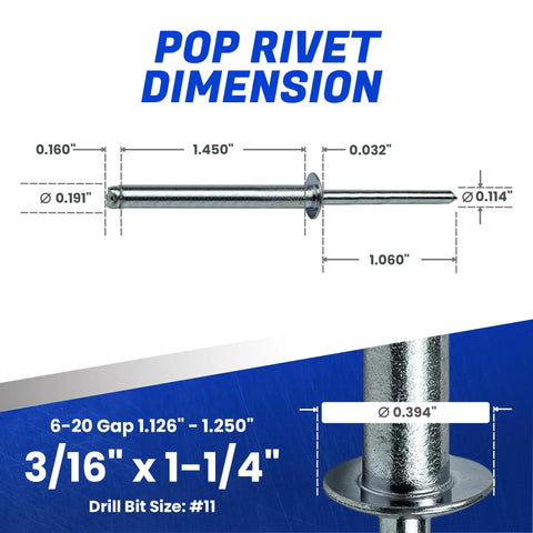 Heavy Duty Dome Head Pop Rivets Three Sixteenths By One And A Quarter Inches Aluminum Body Steel Mandrel Open End
