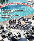 Checkered Race Car Inflatable Pool Toy Set with two 22.8-inch swim rings and six 16-inch beach balls by a pool.