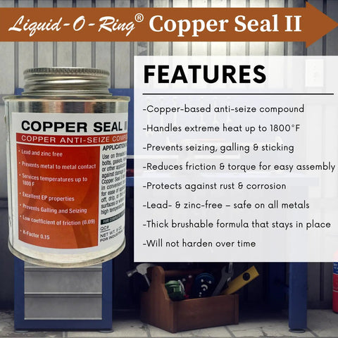 High Temp Copper Anti Seize Lubricant 1800F For Spark Plugs Exhaust Manifolds Bolts And Brakes Prevents Seizing And Corrosion USA Made 8oz Multi Purpose Assembly Lubricant That Works Like A Champ shown in jar on workbench with features list.