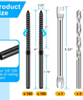 200 Pack Stainless Steel Left And Right Handed Thread Swage Lag Screws One Eighth Inch For Wood Posts Deck Railing Kit With Wrench Drill Bits Spanner DIY Baluster Kit For Stair Porch And Terrace Railing showing screws, wrench, and drill bits with dimensions.
