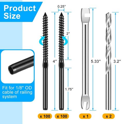 200 Pack Stainless Steel Left And Right Handed Thread Swage Lag Screws One Eighth Inch For Wood Posts Deck Railing Kit With Wrench Drill Bits Spanner DIY Baluster Kit For Stair Porch And Terrace Railing showing screws, wrench, and drill bits with dimensions.