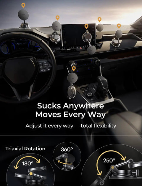 MagSafe Car Mount Charger With 25W Fast Wireless Power vehicle dashboard mount showing flexibility and suction feature.