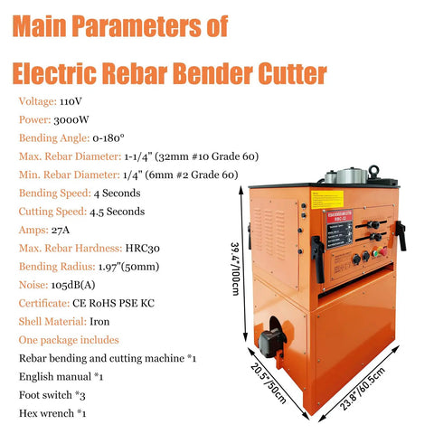 Heavy Duty Electric Rebar Bender And Cutter Machine For Concrete Construction dimensions, features, and technical specs shown in image.