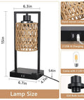 Farmhouse Rattan Table Lamps Set of 2 with Boho Vibe, Touch Control Bedside Lamps, dimensions, features, and components displayed.