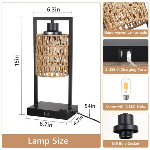 Farmhouse Rattan Table Lamps Set of 2 with Boho Vibe, Touch Control Bedside Lamps, dimensions, features, and components displayed.