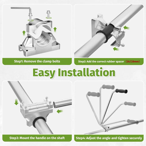 Installation steps for Weed Eater Handle With Shoulder Strap For Back Saving Comfort, Ergonomic Weedeater Handle Extension.