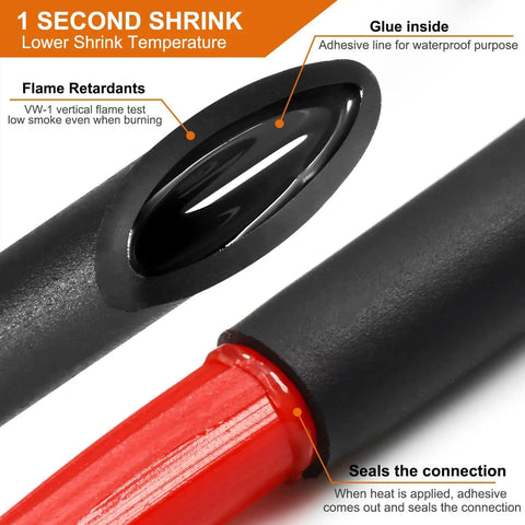 UL Listed Extra Long Heat Shrink Tubing Kit With Adhesive Lined Marine Grade Waterproof Seal 4 To 1 Shrink Ratio detailing adhesive
