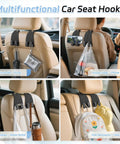 Top Shelf Universal Car Seat Headrest Hooks 2 Pack Suede Leather Bag Holders For Purses Coffee Mugs And Grocery Totes hanging in car.
