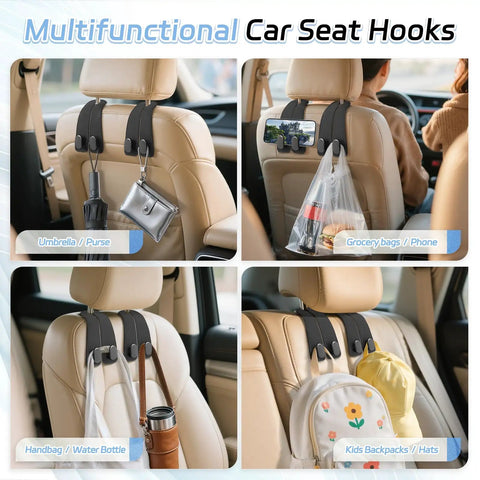 Top Shelf Universal Car Seat Headrest Hooks 2 Pack Suede Leather Bag Holders For Purses Coffee Mugs And Grocery Totes hanging in car.