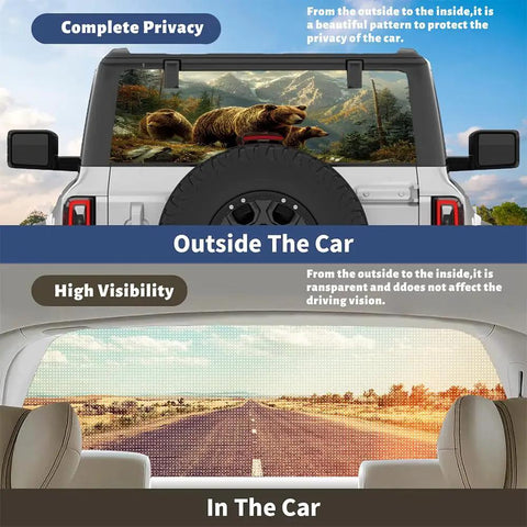 Rear Window Decal Wrap Graphic With Dope Vintage Mountain Forest Wildlife Theme For Pickup Trucks And SUVs 66 By 22 Inch Universal Fit Easy To Cut To Shape Car Back Window Sticker featuring a bear in the mountains.