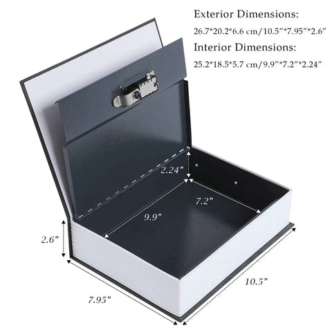 Open Extra Large 10.5 Inch Diversion Book Safe with 3 Digit Combination Lock Hidden Money Safe in Plain Sight showing interior dimensions.