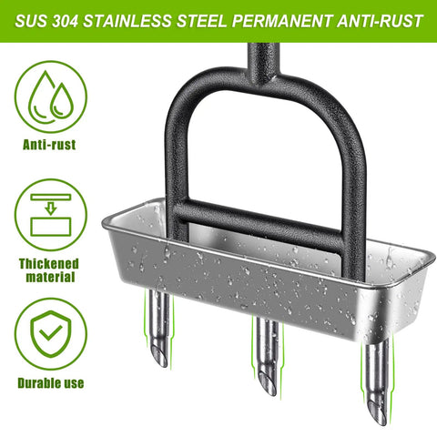 Pre Assembled Manual Lawn Aerator with Three Stainless Steel Core Plugs and Soil Core Storage Tray, anti-rust features visible.