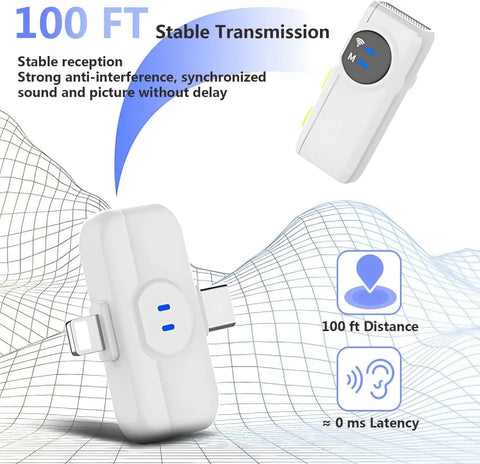 Diagram showing 100 ft range and 0 ms latency for 2 Pack Wireless Mini Microphones With Charging Case AI Noise Reduction For iPhone And Android