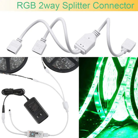 4 Pin LED Strip Connector Kit For 5050 RGB 10mm Light Strips Not RGBIC With Eight Solderless Accessories displayed with green LED lights.
