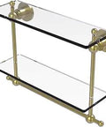 Astor Place 16 Inch Two Tier Glass Shelf With Integrated Towel Bar In Satin Brass showing clear glass shelves and brass finish