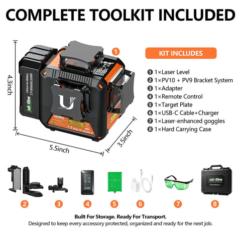Top Shelf Green Laser Level With 3X360 Self Leveling Precision And Crisp Digital Readout for toolkit with laser level and accessories.
