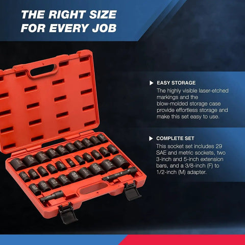 Half Inch Drive Master Impact Socket Set 32 Piece Shallow Socket Kit in open red case with visible sockets and adapters