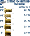 Comparison of brass Xfitting PEX B fittings with sizes from 3/8 inch to 1 inch, showing outside diameters in inches.