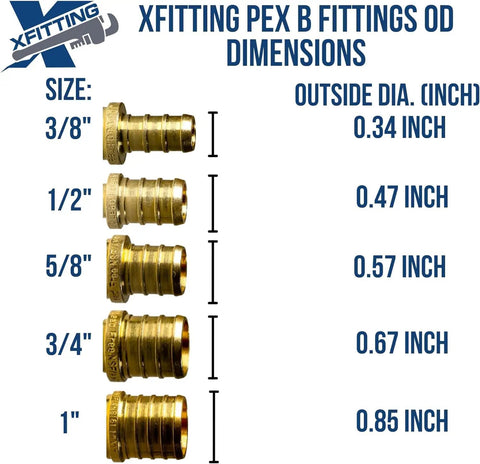 Comparison of brass Xfitting PEX B fittings with sizes from 3/8 inch to 1 inch, showing outside diameters in inches.
