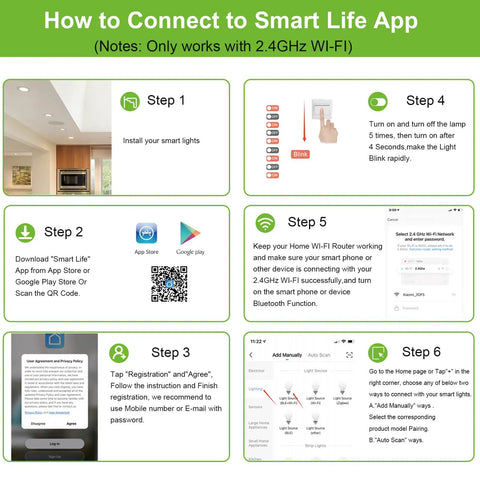 Instructions on connecting Smart WiFi LED Recessed Downlight 6 Pack to Smart Life app via 2.4GHz Wi-Fi.