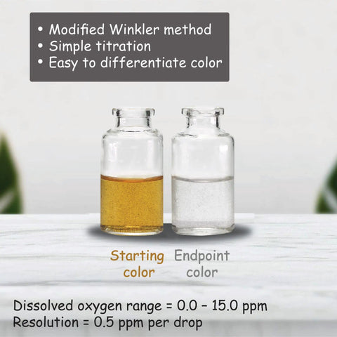 Dead On Accurate Dissolved Oxygen Test Kit Packs Sixty Quick Reads showing color change in titration bottles for accurate ppm readings.