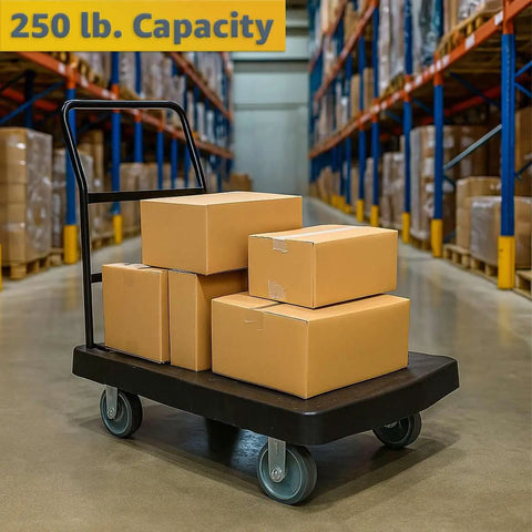 36 By 24 Inch Platform Truck Heavy Duty Plastic Utility Cart With Ergonomic Handle And 250 Lb Weight Rating Six Inch Swivel Casters With Wheel Brakes Built Like A Tank For Smooth Warehouse And Office Transport Jobs