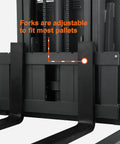 Adjustable forks of the Lightweight Full Electric Pallet Stacker demonstrating flexibility for various pallet sizes.