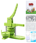 Front view of green Happizza 75mm button maker press with handle and metal rods; includes button blanks and circle cutter