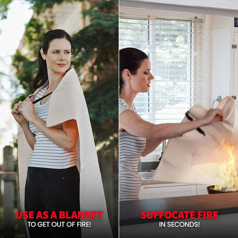 Woman using the Straight Up Heavy Duty Emergency Fire Blanket For Kitchen And Home Safety No Sweat Flame Control while suffocating a kitchen fire.