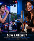 2.4GHz Wireless XLR Mic System With Plug-And-Play Setup used by performers on stage and in a studio setting, showing auto pairing.
