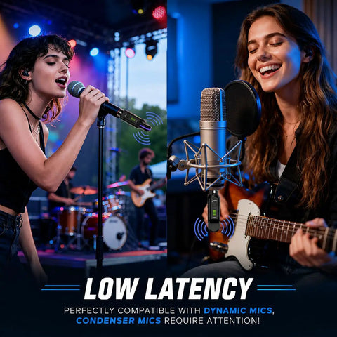 2.4GHz Wireless XLR Mic System With Plug-And-Play Setup used by performers on stage and in a studio setting, showing auto pairing.