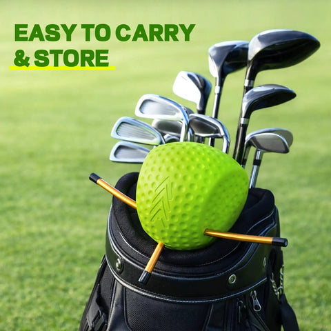 Golf Swing Trainer For Posture And Arm Position Correction On Green in golf bag with clubs.