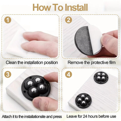 How to install No Sweat Peel And Stick Roller Caster Pack With Hella Smooth 360 Swivel Wheels on a surface step by step.