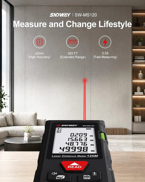 Laser Measuring Tool With 393 Feet Range, Bubble Levels, Plus Or Minus One Sixteenth Inch Accuracy, Easy Units Switch And Two Reference Modes, Dope For Windows, Doors, Cabinets, And DIY Projects On Any Jobsite, black handheld laser distance meter on table