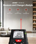 Ace Your Dims With 229 Ft Laser Distance Meter That Has A Built In Bubble Level And Nails Accuracy At Plus Or Minus One Sixteenth Inch To Help You Skip Return Trips While Measuring Windows Doors And Cabinets For Your Next Big DIY Win. Close-up of SNDWAY SW-MS120 laser distance meter with screen display and bubble level.