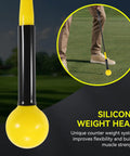 Golf Grip Trainer And Swing Training Aid For Warm Up And Tempo Control, Right Handed Practice Stick with silicone weight head in use