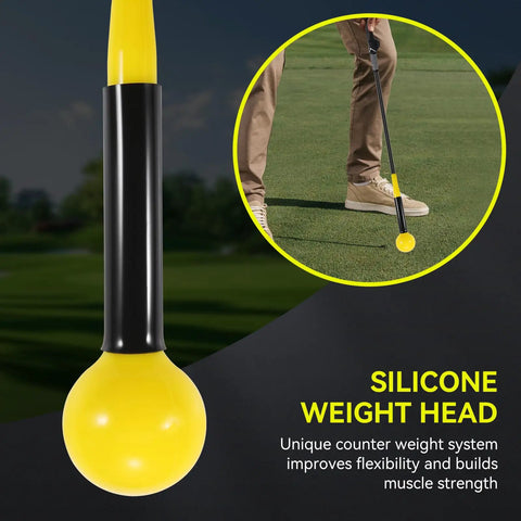 Golf Grip Trainer And Swing Training Aid For Warm Up And Tempo Control, Right Handed Practice Stick with silicone weight head in use