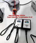 Balanced Isolation Power Conditioner And Noise Filter For Hifi Rig Setup 500 Watt Transformer with noise meters on table.
