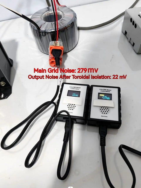 Balanced Isolation Power Conditioner And Noise Filter For Hifi Rig Setup 500 Watt Transformer with noise meters on table.