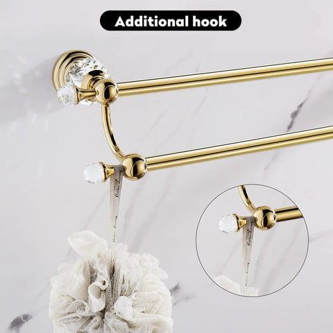 Crystal Double Towel Holder With Adjustable Gold Towel Bar From 18.66 To 30.51 Inches Wall Mounted Bathroom Rail Rack Lux Crystal End Caps Polished Gold Finish with additional hook