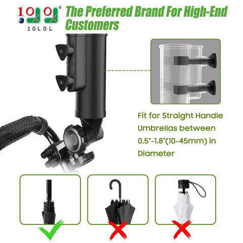 Heavy Duty Aluminum Umbrella Holder for Golf Push Carts Windproof Base with Dual Knob Clamp No Slip Adjustable Universal Stand for Mobility Scooter Stroller Wheelchair Beach Chair and Outdoor Use, shown with size diagram and compatibility.