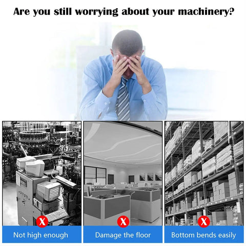 Image showing machinery concerns with labels indicating issues like height, floor damage, and bending, emphasizing stability.