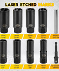 Deep Lug Nut Remover Set 10 Piece Spiral Type Heavy Duty Half Inch Drive Impact Wheel Lock Removal Kit For Removing Stripped Broken Damaged Rounded Bolts Nuts And Screws with sizes and knock-out pin.
