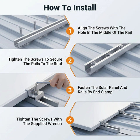 Installation steps of Six Rail Aluminum Solar Panel Mounting Kit No Brainer With End Clamps, Mid Clamps on metal roof