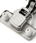 Close-up of brushed nickel short arm cabinet hinges for kitchen cupboards with half inch overlay heavy duty build.