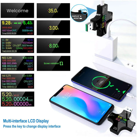 USB C Power Meter And Voltage Current Tester 2 In 1 Digital Multimeter connected to smartphones showing charging status.