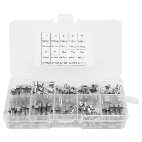 Top Shelf Glass Fuse Assortment 100 Piece Fast Blow Electrical Parts Kit in transparent box with labeled sections for sizes.