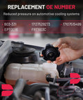 Hand holding cap above Straight Swap Engine Coolant Expansion Reservoir Overflow Tank For Mini Cooper 2002 Through 2008 1.6L L4.