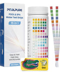 16 In 1 Pool And Spa Water Test Strips 100 Count with packaging, test strips showing color guide for pH, chlorine and hardness.